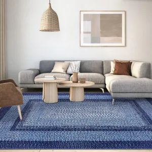 Bordered Navy Blue 5x7 Braided Collection Modern Washable Rug, Non-Slip, Low Pile Polyester, Vintage Country Cottage, Ideal for Living Room