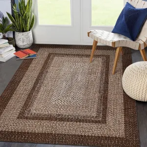 Bordered Brown 9x12 Boho Printed Washable Rug, Modern Braided Low Pile Polyester Area Rug Non-Slip Non-Shedding for Living Room Bedroom Office