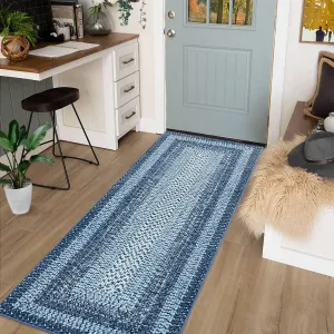 Bordered Grey Blue 2x6 Washable Area Rug, Non-Slip Runner Ultra-Thin Farmhouse Kitchen Mat Bedroom Bedside Laundry Distressed Carpet
