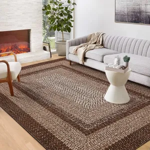 Bordered Brown 4x6 Modern Braided Print Washable Runner, Non-Slip Low Pile Polyester Foldable Thin Carpet for Living Room Bedroom Office