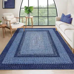 Bordered Navy Blue 4x6 Modern Washable Rug | Non-Slip, Non-Shedding | Polyester | Traditional Aesthetic, Low Pile | Living Room, Bedroom