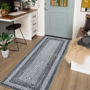Bordered Grey 2x6 Boho Washable Runner Rug, Distressed Farmhouse Print, Ultra-Thin Non-Slip Polyester Mat with Cozy Texture for Kitchen, Bedroom, Entryway