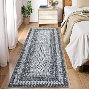 Bordered Grey 2x10 Runner Rugs for Hallways, Washable Braided Printed Area Rug with Non-Slip Backing, Low Pile Rugs Carpet Runners for Bedroom Entryway Kitchen