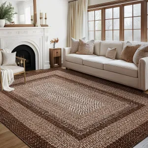Bordered Brown 10x13 Boho Printed Washable Rug, Modern Braided Low Pile Polyester Area Rug Non-Slip Non-Shedding for Living Room Bedroom Office