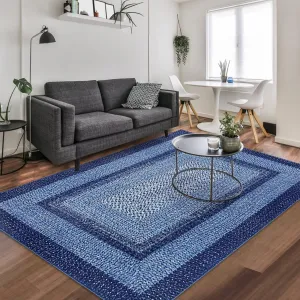 Bordered Navy Blue 8x10 Boho Braided Area Rug, Washable Vintage Low-Pile Carpet with Non-Slip TPR Backing, Foldable Polyester for Living Room, Bedroom, Office