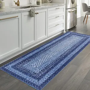 Bordered Navy Blue 2x8 Modern Boho Rug, Runner Ultra-Thin Washable Non-Slip Polyester Low Pile TPR Backing Entryway Kitchen Bedroom Hallway