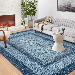 Bordered Grey Blue 4x6 Area Rug, Entryway Rugs Washable Rug Modern Braided Print Rugs for Living Room Aesthetic Bedroom Rug Non-Slip Non-Shedding Floor Rug Low Pile Farmhouse Home Office Foldable Thin Rug