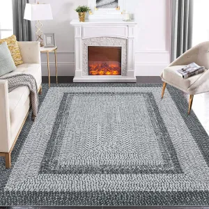 Bordered Grey 9x12 Boho Braided Area Rug, Washable Vintage Low-Pile Carpet with Non-Slip TPR Backing, Foldable Polyester for Living Room, Bedroom, Office