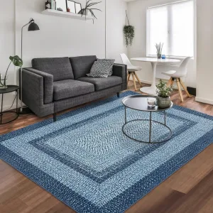 Bordered Grey Blue 5x7 Braided Collection Area Rug, Modern Washable Low Pile Non-Slip Polyester Carpet for Living Room and Bedroom