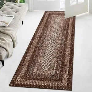 Bordered Brown 2x8 Braided Distressed Runner, Washable Non Slip Non-Shedding Ultra-Thin Carpet for Entryway Hallway & Bedroom Bedside