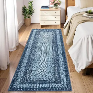 Bordered Grey Blue 2x10 Runner Rugs for Hallways, Washable Braided Printed Area Rug with Non-Slip Backing, Low Pile Rugs Carpet Runners for Bedroom Entryway Kitchen