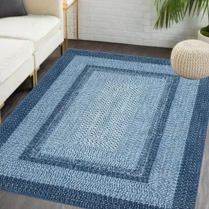 Bordered Grey Blue 10x13 Washable Rug, Boho Braided, Non-Slip, Low Pile, Polyester, Foldable, Blue, Living Room, Bedroom, Office