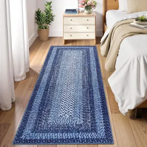 Bordered Navy Blue 2x10 Runner Rugs for Hallways, Washable Braided Printed Area Rug with Non-Slip Backing, Low Pile Rugs Carpet Runners for Bedroom Entryway Kitchen