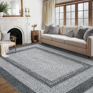 Bordered Grey 10x13 Washable Large Area Rugs for Living Room Boho Braided Printed Rugs Bedroom Aesthetic Minimalist Rug Non Slip Accent Rug Low Pile Non-Shedding Throw Carpet Foldable Thin Rug