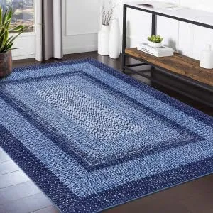 Bordered Navy Blue 6x9 Braided Washable Boho Print Accent Rug, Vintage Low Pile Non-Slip Indoor Carpet, Polyester, Foldable, Living Room, Bedroom, Office, Nursery
