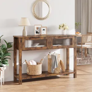 Entryway Table, Wood Console Table with 2 Glass Drawers, 2 Tier Sofa Table with Storage for Living Room, Foyer Tables for Entryway, Rustic Brown