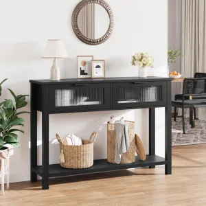 Entryway Table, Wood Console Table with 2 Glass Drawers, 2 Tier Sofa Table with Storage for Living Room, Foyer Tables for Entryway, Black
