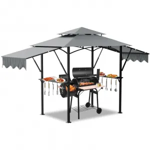 8x5FT Double Tiered Grill Gazebo, Outdoor BBQ Gazebo Shelter with LED Light & Extra Shadow for Barbecue and Picnic, Grey