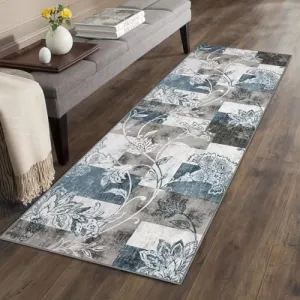Runner Rug 2x8 Machine Washable Hallway Rug Abstract Modern Geometric Area Rug Non-Slip Distressed Throw Floor Carpet for Kitchen Laundry Room, Blue Grey