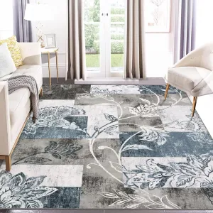 Area Rug 5x7 Abstract Modern Geometric Rug Machine Washable Area Rug Non Slip Non Shedding Distressed Throw Rug Low Pile Indoor Carpet for Bedroom Living Room, Blue Grey