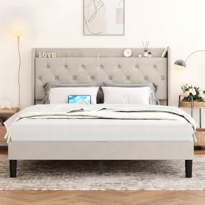Queen Size Bed Frame with Charging Station, Upholstered Platform Bed with Button Tufted Storage Headboard Wingback, No Need for a Box Spring, Wood Slat Support, Easy to Assemble