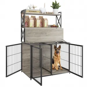 Wooden Dog Crate Furniture End Table with Flip Top and Movable Divider, 42.5 Inch Dog Cage with Storage Shelves, Large Dog Kennel Indoor Furniture with 3 Doors, Grey