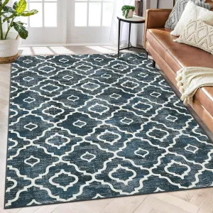 Washable Rug 8x10 Large Living Room Rug Boho Rug Modern Geometric Area Rugs for Bedroom Distressed Office Floor Carpet Low Pile Non Slip Dining Room Area Rugs Farmhouse Rug Blue Trellis Rug