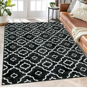 Washable Rug 8x10 Large Living Room Rug Boho Rug Modern Geometric Area Rugs for Bedroom Distressed Office Floor Carpet Low Pile Non Slip Dining Room Area Rugs Farmhouse Rug Black Trellis Rug