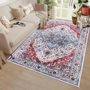 Area Rug 8x10 Rugs for Living Room，Vintage Rug for Living Room Bedroom Dinning Room,Boho Distressed Tribal Area Rug,Low Pile Non-Slip Washable Indoor Door Mat for Kitchen Entryway Bathroom RED