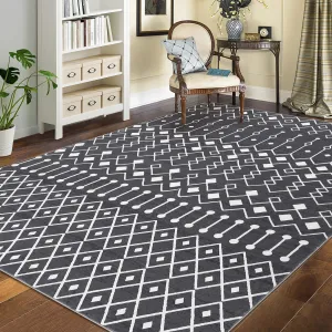 Washable 8x10 Grey Moroccan Rug - Modern Geometric Low Pile Carpet for Bedroom & Living Room - Non-Slip, Easy Care, Durable, Cozy Polyester