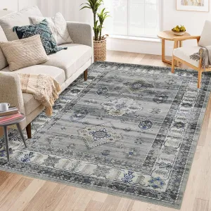 Large Living Room Rug 9x12 Washable Rug Vintage Rug Non-Slip Indoor Floor Carpet Stain Resistant Boho Accent Rug Tranditional Rug for Bedroom Nursery Home Office, Grey