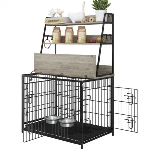 Wooden Dog Crate Furniture with Storage Shelves, Removable Tray, Double Doors, Adjustable Bowls and Flip-up Top, Grey