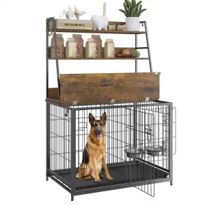 Wooden Dog Crate Furniture with Storage Shelves, Removable Tray, Double Doors, Adjustable Bowls and Flip-up Top, Brown