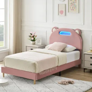 Twin Bed Frame with LED Lights, Upholstered Platform Bed Frame with Headboard and Strong Wooden Slats, No Box Spring Needed, Noise-Free, Easy Assembly, Light Pink