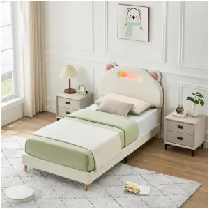 Twin Bed Frame with LED Lights, Upholstered Platform Bed with Headboard & Wooden Slats Support, Noise-Free, No Box Spring Needed (Pink)