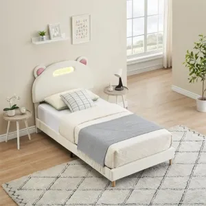 Twin Bed Frame with LED Lights, Upholstered Platform Bed with Headboard & Wooden Slats Support, Noise-Free, No Box Spring Needed (White)