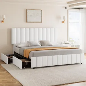 White Queen PU Leather Upholstered Bed Frame with 4 Storage Drawers, Adjustable Headboard, Sturdy Wooden Slats, No Box Spring Required, Easy Assembly