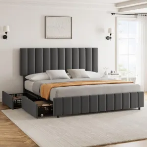 Grey Full Linen Upholstered Bed Frame with 4 Storage Drawers, Adjustable Headboard, Sturdy Wooden Slats, No Box Spring Required, Easy Assembly