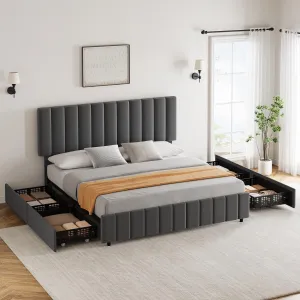 Grey King Linen Upholstered Bed Frame with 4 Storage Drawers, Adjustable Headboard, Sturdy Wooden Slats, No Box Spring Required, Easy Assembly