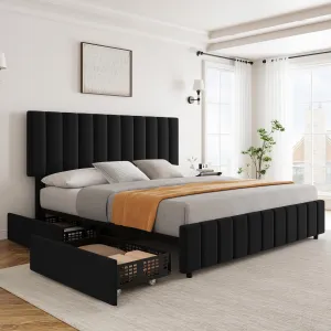 Black Queen Linen Upholstered Bed Frame with 4 Storage Drawers, Adjustable Headboard, Sturdy Wooden Slats, No Box Spring Required, Easy Assembly