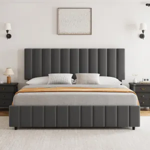 Grey Queen Linen Upholstered Bed Frame with 4 Storage Drawers, Adjustable Headboard, Sturdy Wooden Slats, No Box Spring Required, Easy Assembly