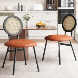 Dining Chairs Set of 2, Thicken Upholstered Rattan Kitchen Chairs, Metal Legs, Ergonomic Backrests, Handcrafted, Space Saving, Living Room