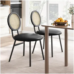 Dining Chairs Set of 2, Thicken Upholstered, Modern Black, Space Saving, Metal Legs, Natural Rattan, for Living Room