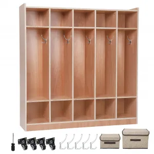 5-Section Classroom Coat Locker, 10 Cubbies for Classrooms, Daycare Cubby with 4 Casters, 5 Hooks and 2 Storage Boxes, for Home, School, Kindergarten