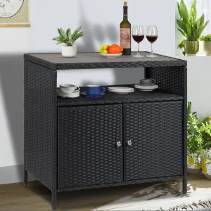 Patio Bar Table with 2-Door and Shelf,Patio Outdoor Wicker Storage Cabinet with Shelf,Powder Coated Steel,All Weather Resin Wicker,Patio Pool Garden Kitchen,Gray