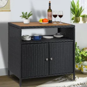 Patio Bar Table with 2-Door and Shelf,Patio Outdoor Wicker Storage Cabinet with Shelf,Powder Coated Steel,All Weather Resin Wicker,Patio Pool Garden Kitchen,Brown