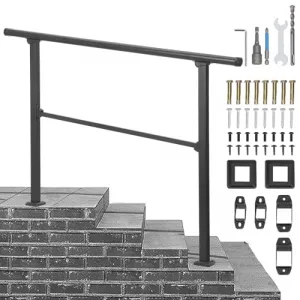 2PCS Handrails for Outdoor Steps, 4 Step Handrail Fit 3 or 4 Steps Outdoor Stair Railing, Black Wrought Iron Stair Handrail with Installation Kit, Metal Porch Railing