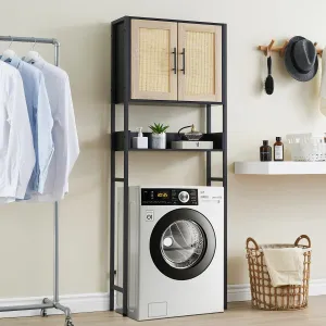 Over The Toilet Storage Cabinet, Over Toilet Bathroom Organizer with Rattan Door, Above Toilet Storage Cabinet with Adjustable Shelves (Black)