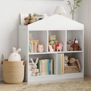 Toy Storage Organizer 5-Cubby Kids Bookshelf White Bookcase Toddlers Playhouse Cabinet Shelf for Boys Girls Wooden Cubby Storage Toy Shelf for Playroom, Nursery, Kids Room