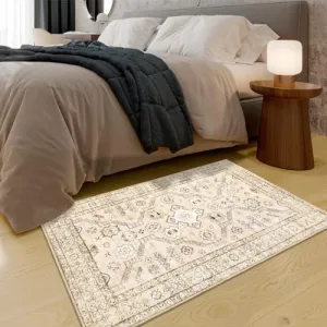 Washable Vintage Floral Area Rug 4x6 – Soft Low Pile Non-Slip Farmhouse Carpet for Living Room, Bedroom & Office, Beige